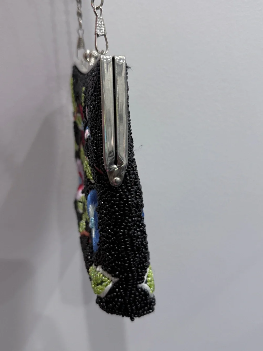 Embroidered Floral Beaded Black Evening Clutch with Chain
